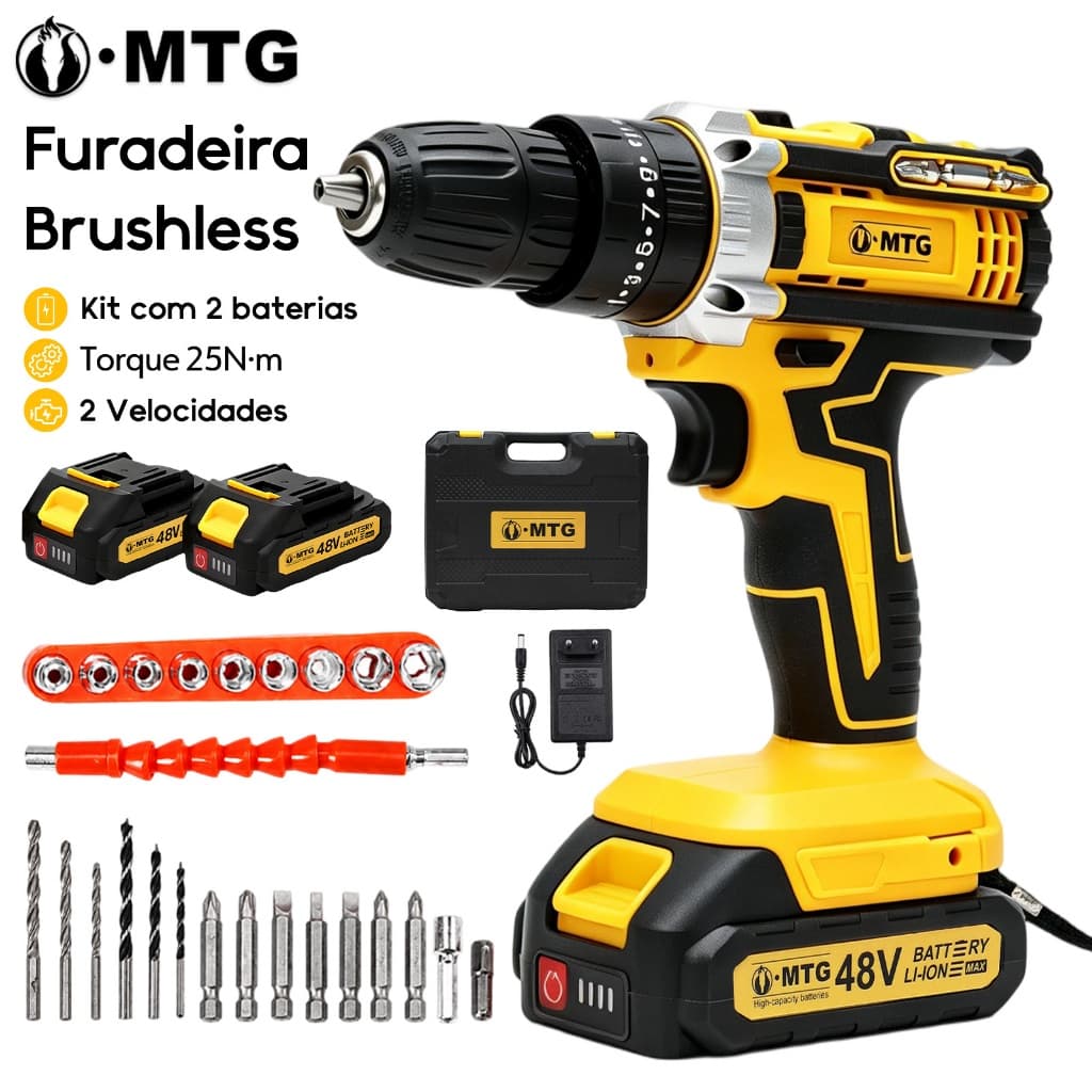 Parafusadeira e Furadeira 48V - 2 Baterias Maleta Alta Torque Bivolt (110V-240V)