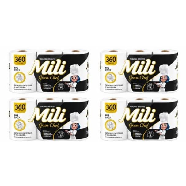 Kit Toalha de Papel Mili Gran Chef 12 Rolos 120 Folhas C/ Rolo Para Cozinha Uso Doméstico Econômico