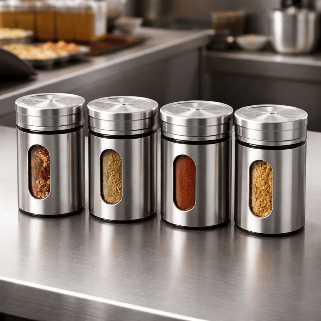 Kit Porta Saleiro Tempero Pimenteiro Inox com VIDRO INTERNO 100ml Sal Temperos Porta Condimento