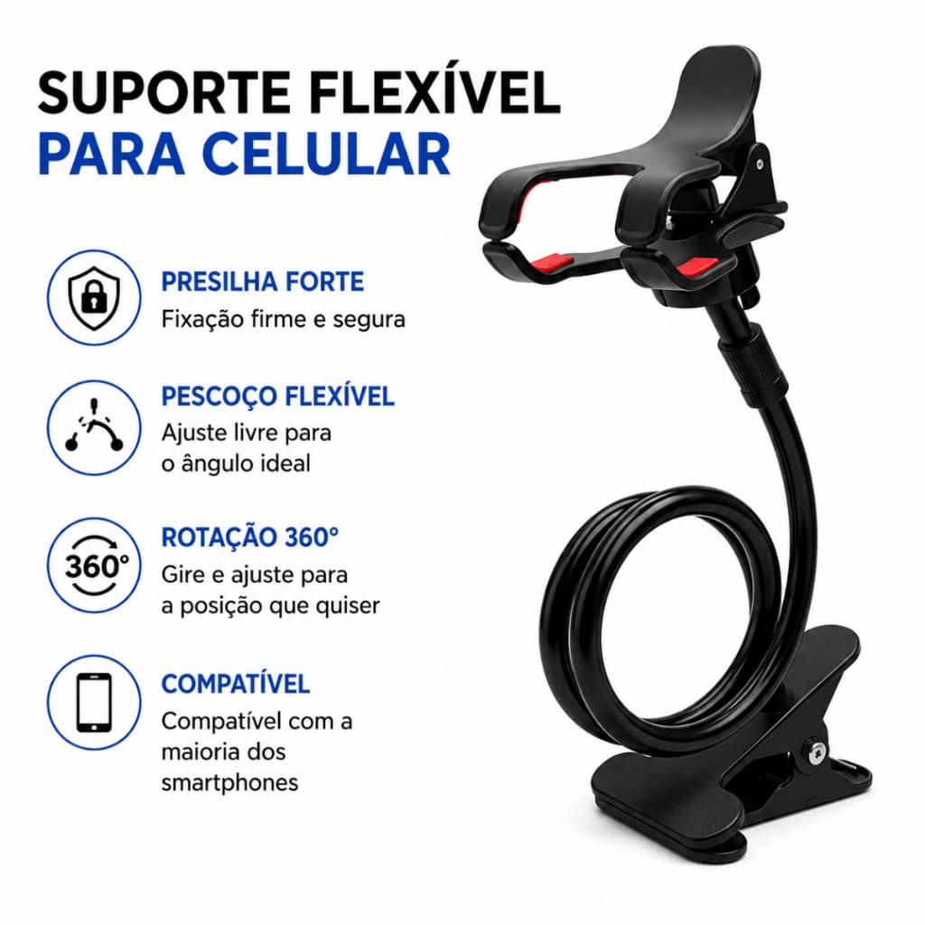 Suporte Flexível Para Celular De Mesa Com Presilha Garra 360° Pescoço Ajustável Articulado Preto....