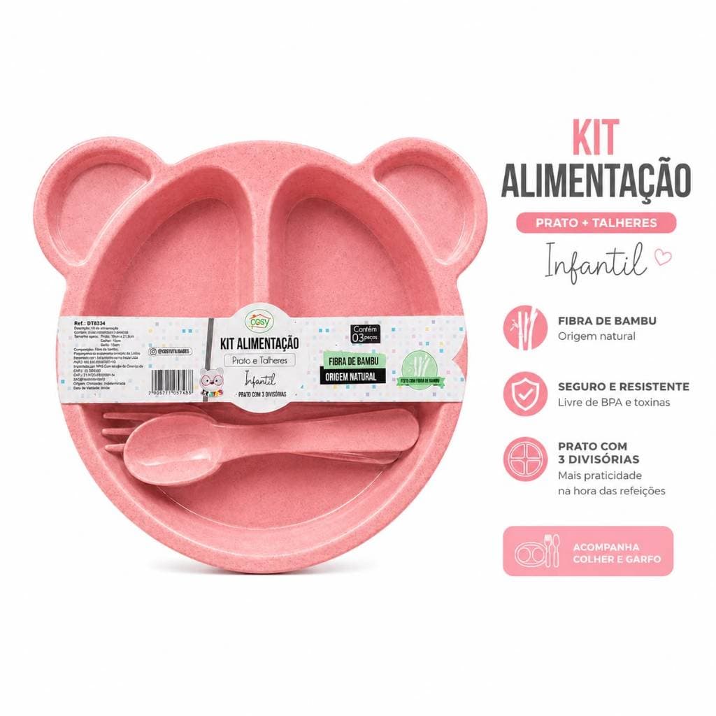 Kit Prato Alimentação Ursinho com Divisórias - Infantil 3 Peças – Prato, Colher e Garfo
