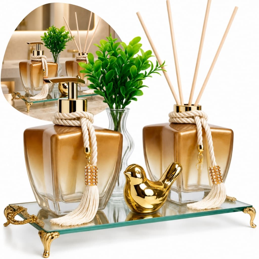Kit Lavabo Banheiro Luxo Porta Sabonete e Difusor  C/ Bandeja + Enfeites