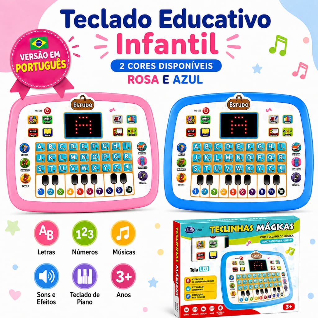 Teclado Educativo Infantil de Aprendizagem com Letras Números Música e Piano