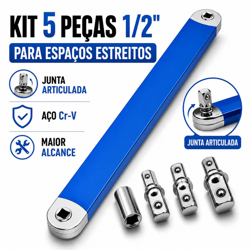 Kit 5 Extensões 1/2" para Chave Catraca - Aço Cr-V para Espaços Estreitos e Acesso Difícil