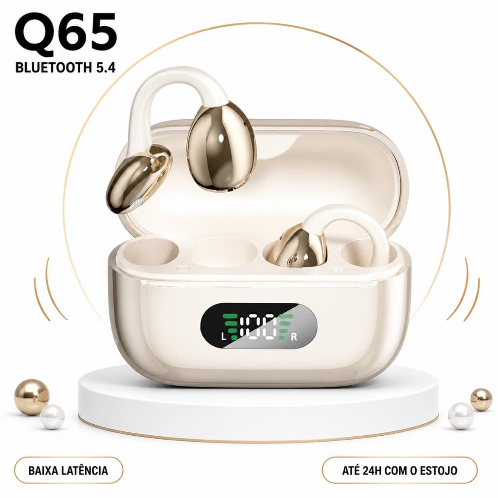 Fone de Ouvido Bluetooth 5.4 Q65 Ear Clip Sem Fio Gamer Baixa Latência Até 24H com Estojo