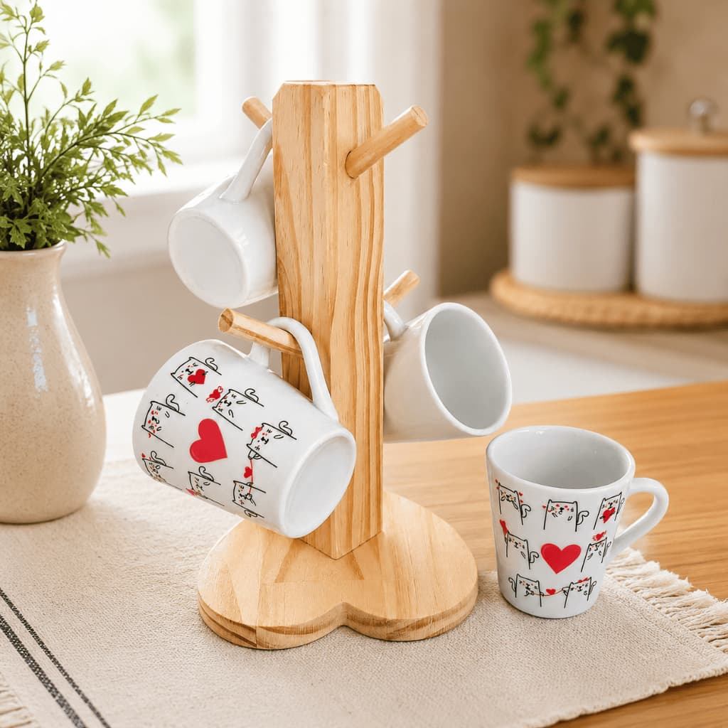 Jogo 4 Xícara de Café 120ml com Suporte de Madeira Organizador Cantinho do Café