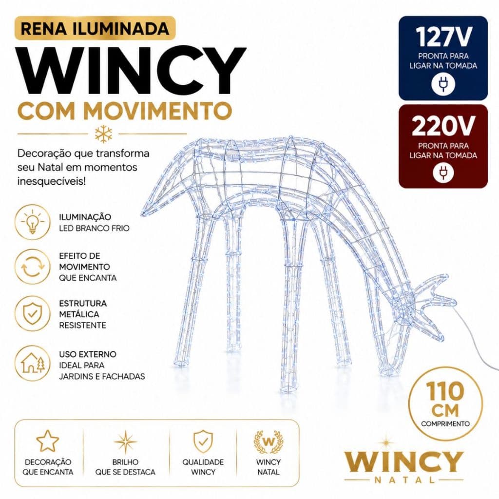 Rena Natalina LED Com Movimento 110cm Branco Frio Decoração Natal Externa 127V 220V Wincy Enfeite 3D