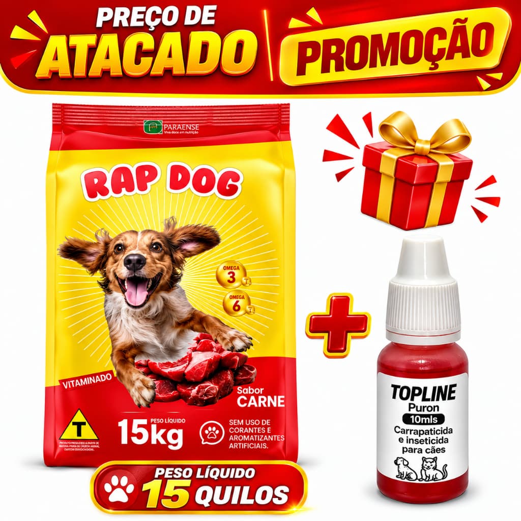 Ração para Cachorro Cães Adultos Rap Dog 15kg Sabor Carne Premium Dog Sem Corante - Vitaminado Omega 3 e 6
