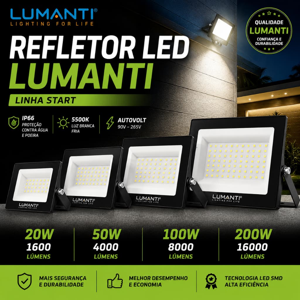 Refletor LED Lumanti Holofote IP66 Bivolt Luz Branca 5500K 20W 50W 100W 200W