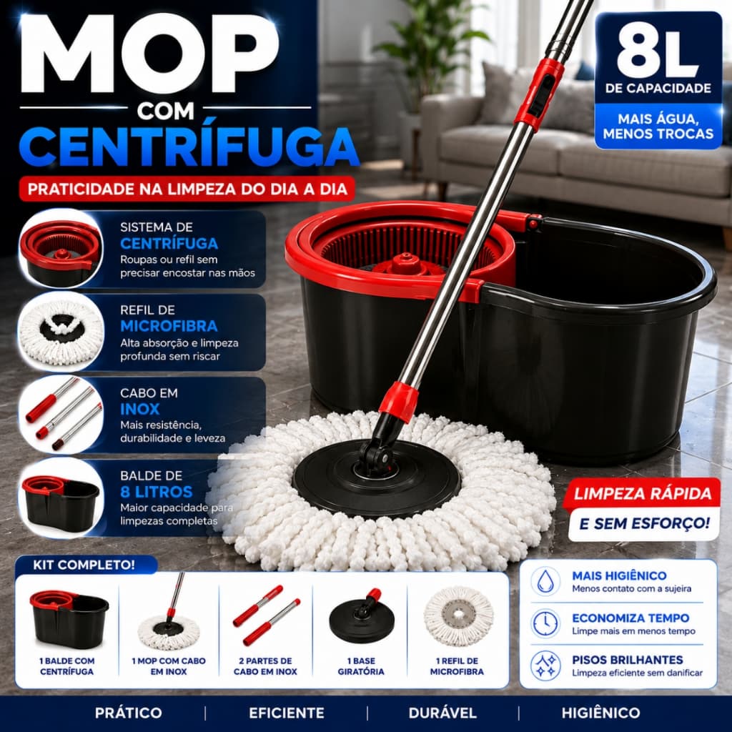 Mop Giratório Balde Centrifugador Esfregão Limpeza Centrifuga Inox