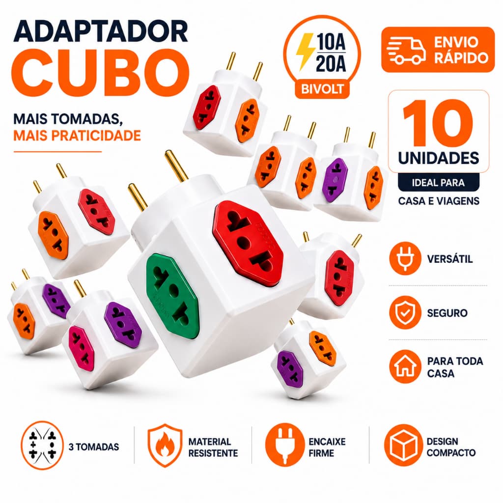 Adaptador Benjamim Cubo 4 Saídas Colorido - 10A e 20A