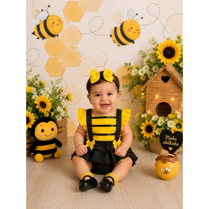 Romper Jardineira Body Turbante Abelha Abelhinha + Laço