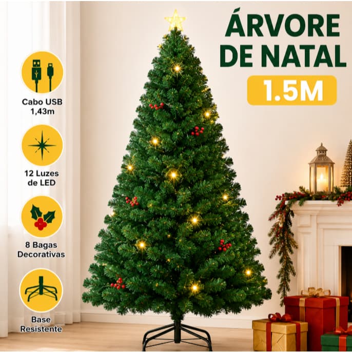 Árvore de Natal 1,5m com Luzes e Enfeites 150cm | Pinheiro Natalino Decorado com Estrelas e Frutinhas OIH-9047