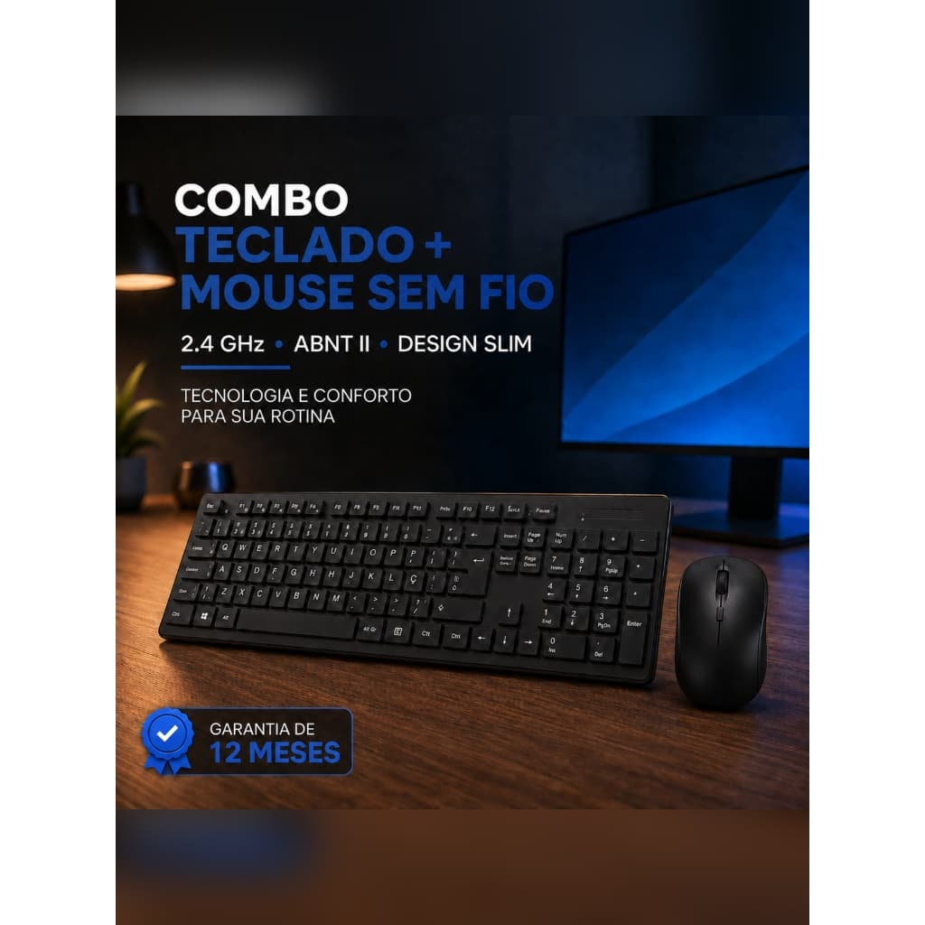 Kit Teclado Sem Fio 2.4ghz Abnt2 Slim Preto Preto + Mouse sem fio de brinde
