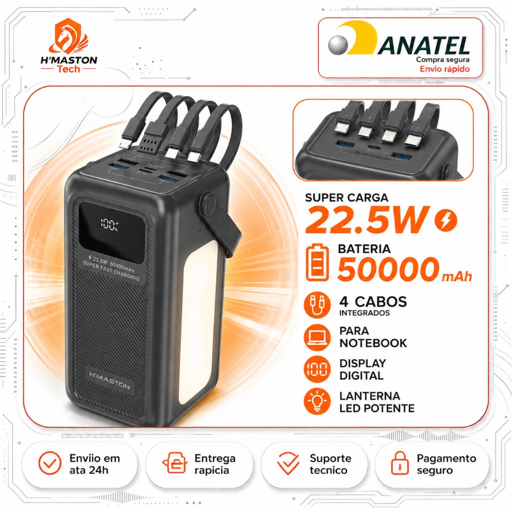 H'MASTON YD99 Carregador Portátil Para Celular Power Bank 500000 mAh Turbo Carregador Portátil 50000mAh com Lanterna
