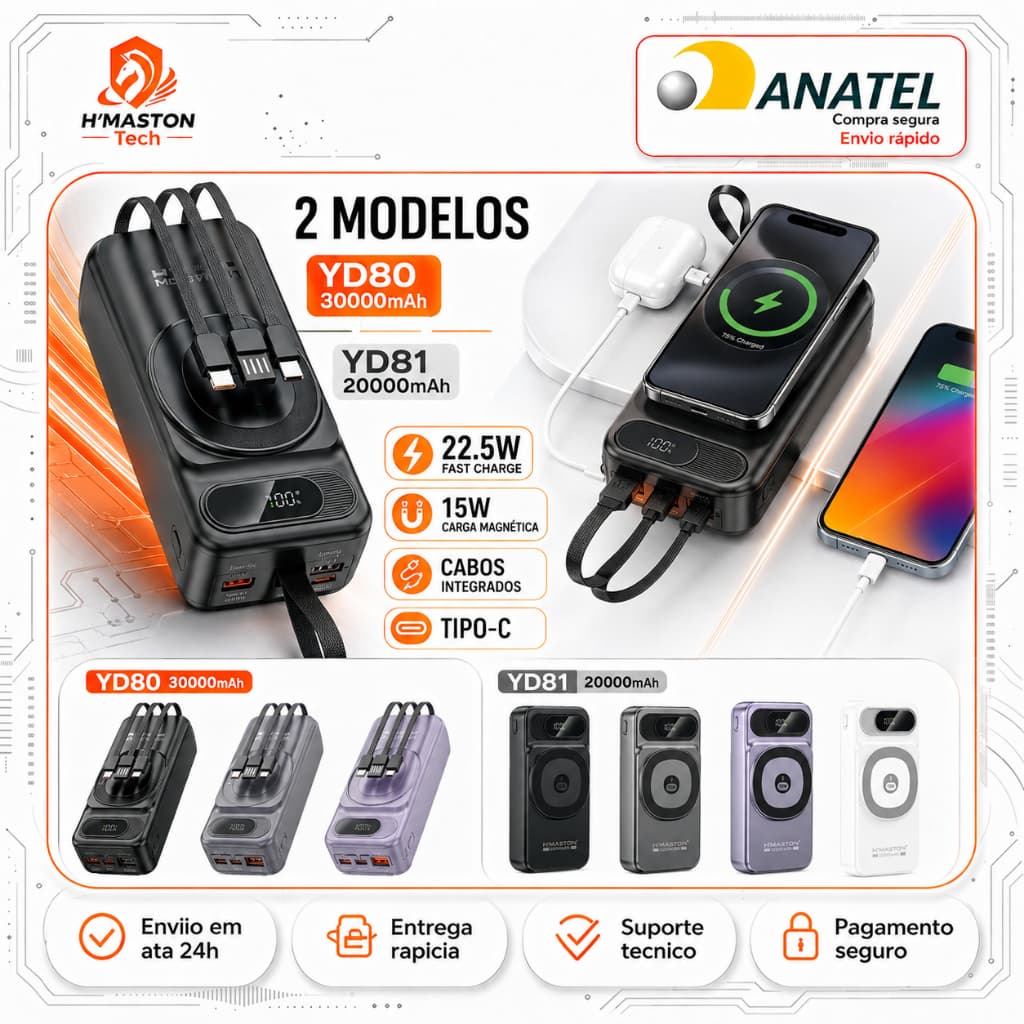 H'MASTON YD80 Power Bank 30000mAh Carregador Portátil Para Celular Bateria Portatil Power Bank 20000 Mah Turbo