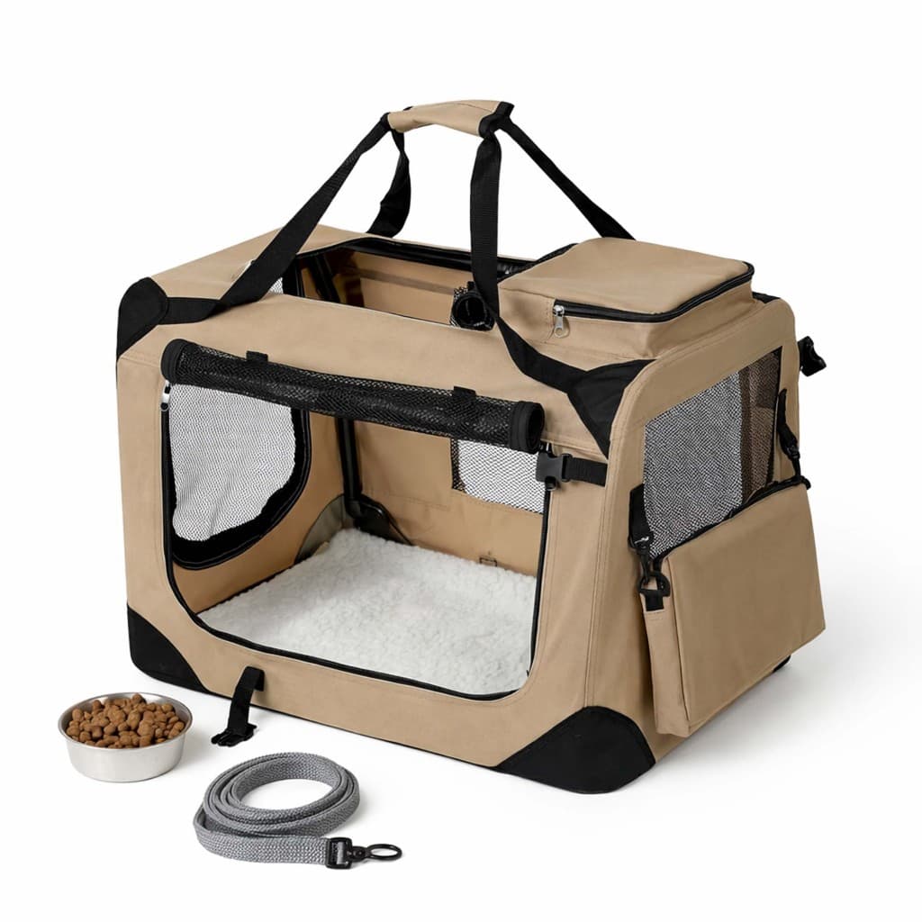 SONGMICS Caixa de Transporte Dobrável para Cães com 3 Portas 60 x 42 x 42 cm Bege claro