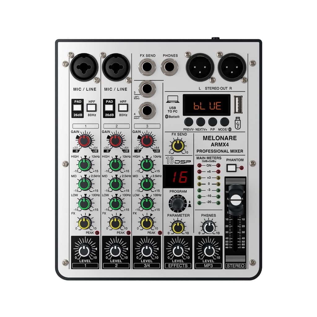 MELONARE ARMX-4 Mixer de áudio de 4 canais DJ Interface de áudio USB Função Bluetooth 16 efeitos DSP
