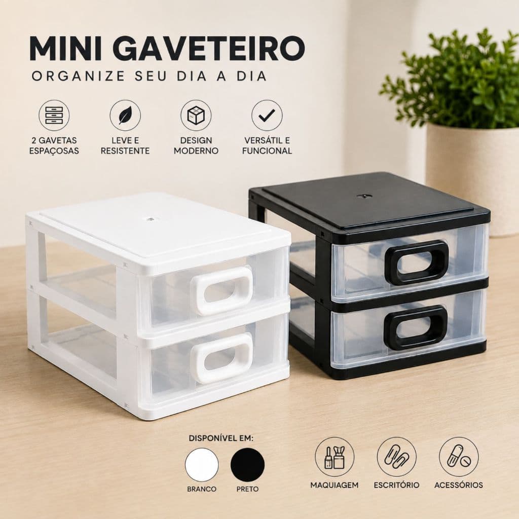 Mini Gaveteiro 2 Gavetas Organizador De Mesa Micro Porta Tudo Compacto