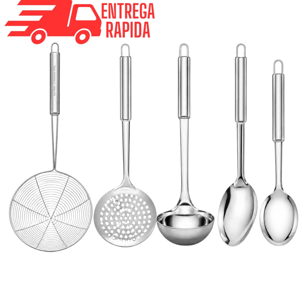 Kit 5/4/3 Utensílios de Cozinha 100% Aço Inox Colher de Arroz Escumadeiras concha