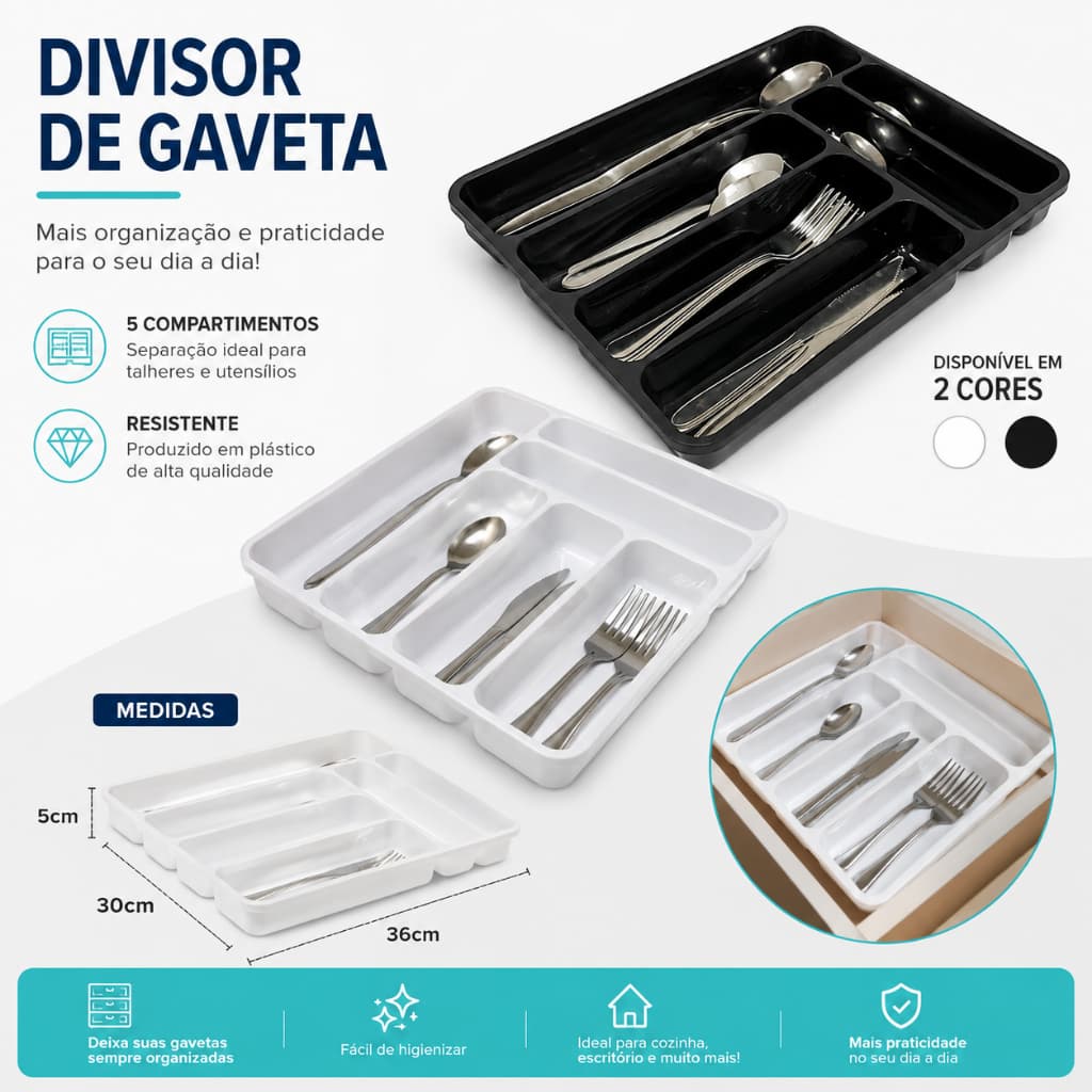 Organizador de Gaveta para Talheres 6 Divisórias Porta Talheres Cozinha