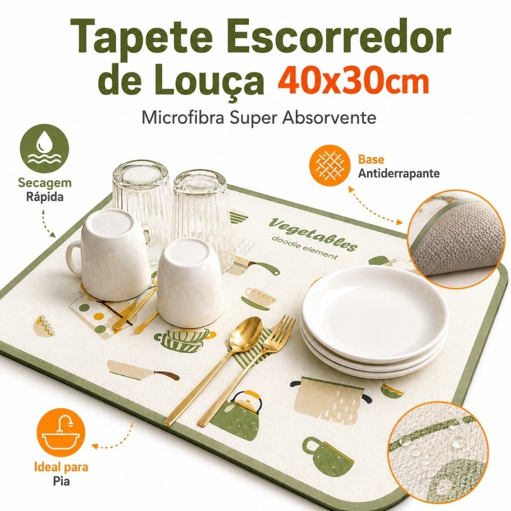 Tapete Escorredor de Louça Microfibra 40x30cm Super Absorvente para Pia Cozinha Secagem Rápida