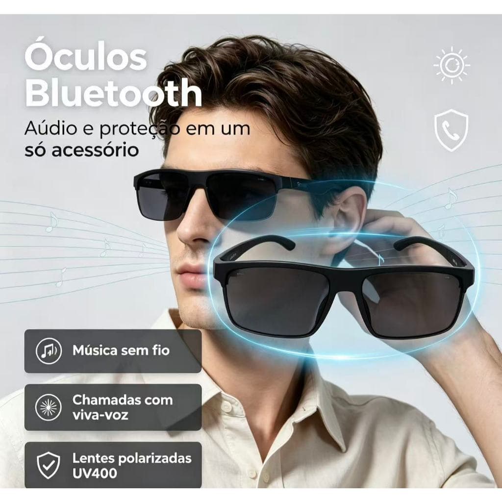 Óculos de Sol Inteligente Bluetooth 5.4 Lente Proteção UVA UVB Material TR90