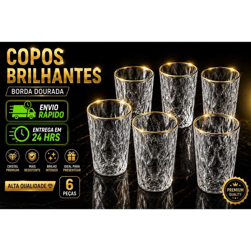 Kit 6 Copos Diamond com Borda Dourada 350ml
