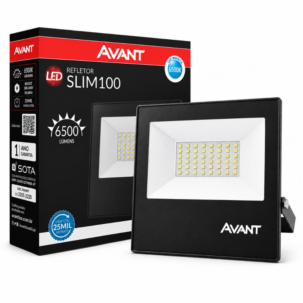 Refletor LED Avant Slim 100W - Resistente à Poeira e Chuva, Baixo Consumo de Energia