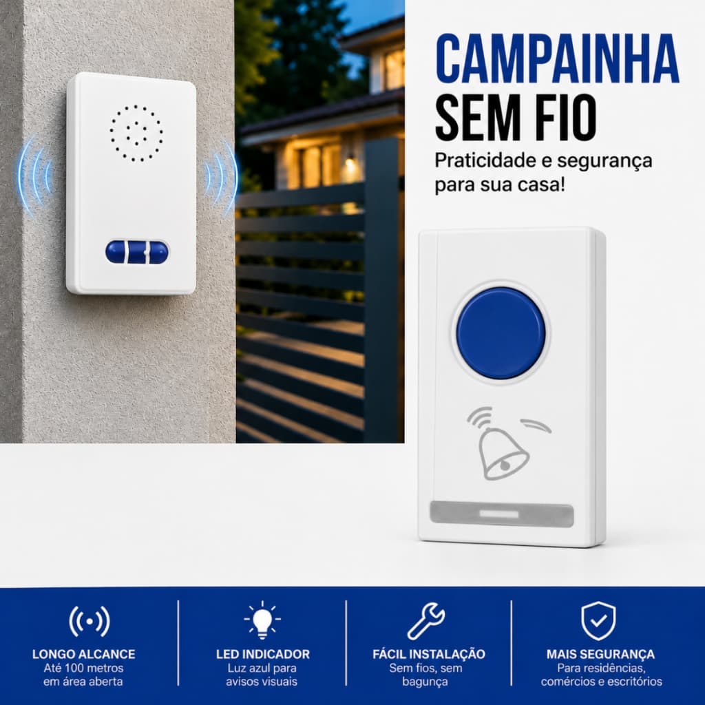 Campainha Digital Sem Fio Residencial Bivolt 100m 20 Toques Volume Ajustável Porta Casa Comércio Escritório
