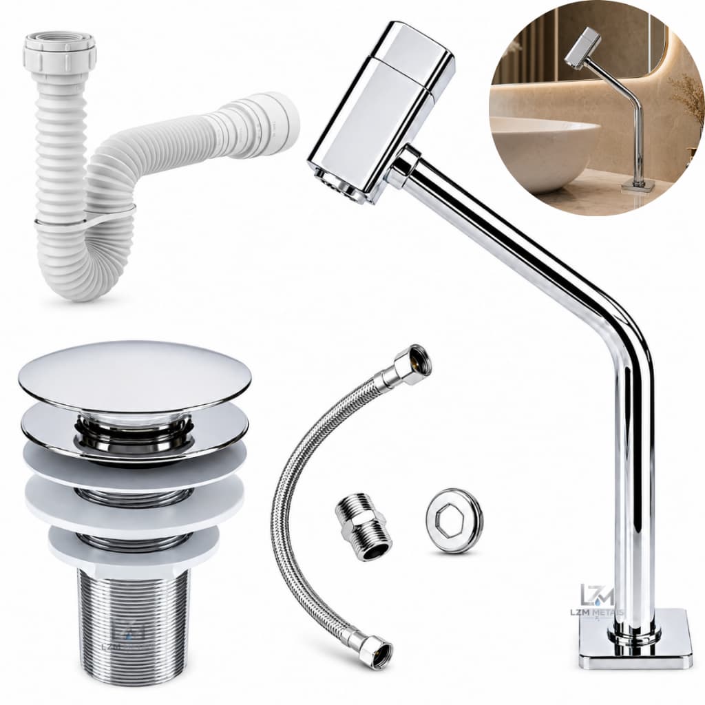 Kit Banheiro Torneira Lavatório Quadrada Cromada + Válvula Click 7/8 + Sifão Branco + Rabicho Engate 40cm