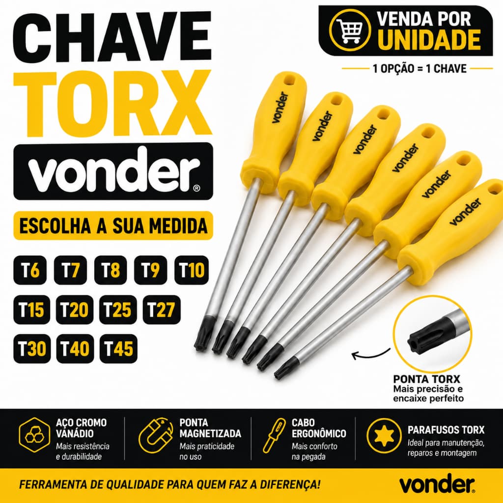 Chave Torx Vonder Individual T6 T7 T8 T9 T10 T15 T20 T25 T27 T30 T40 T45