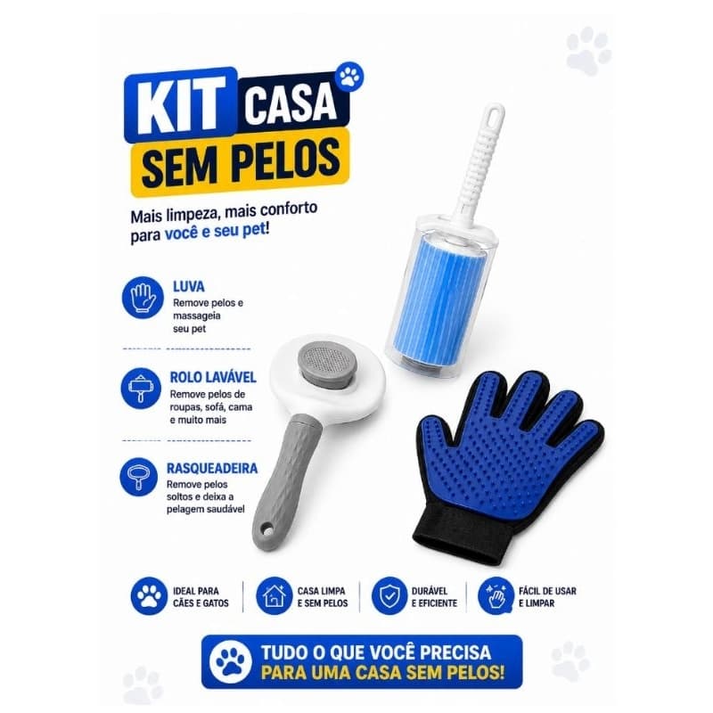 Kit Tira Pelos Pet - Luva Tira Pelos + Rasqueadeira + Rolo Adesivo Tira Pelos Sofá e Roupas