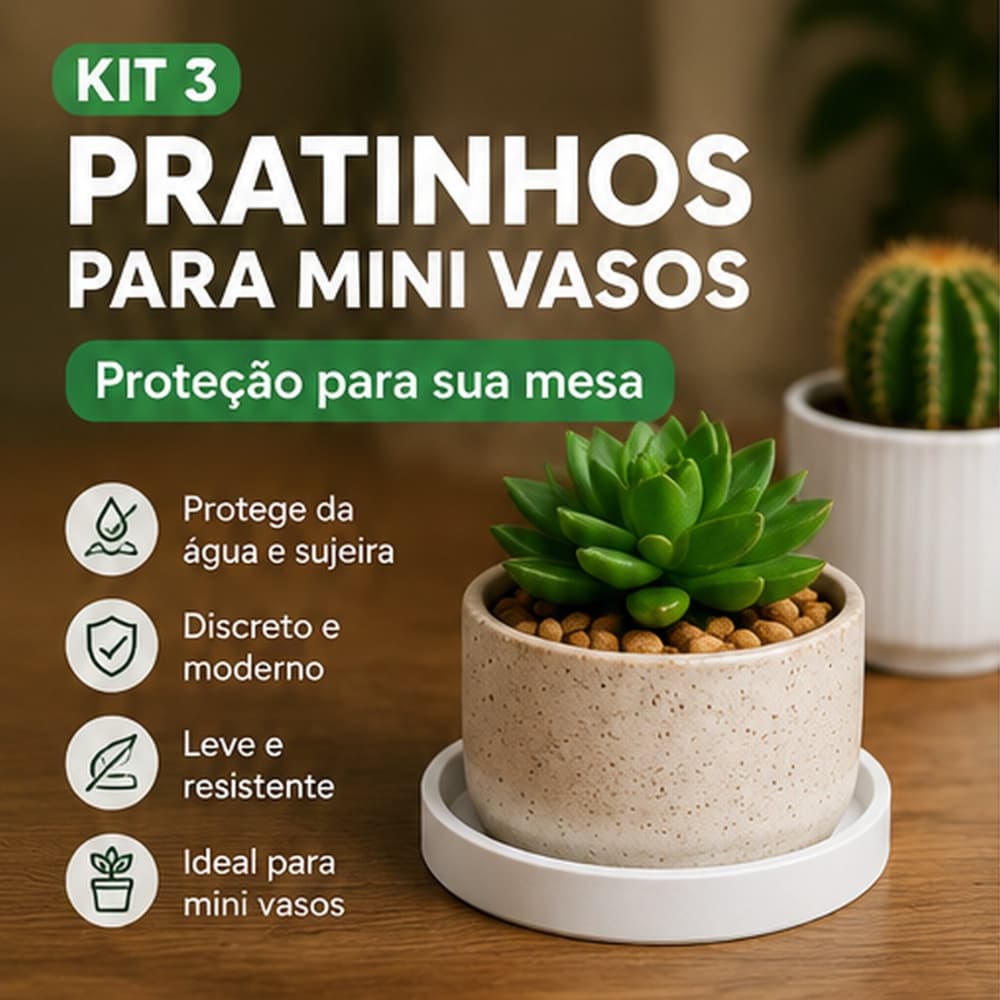 Kit 3 Pratos para Vasos 12cm | Coletor de Água e Protetor de Mesa | Mini Vasos