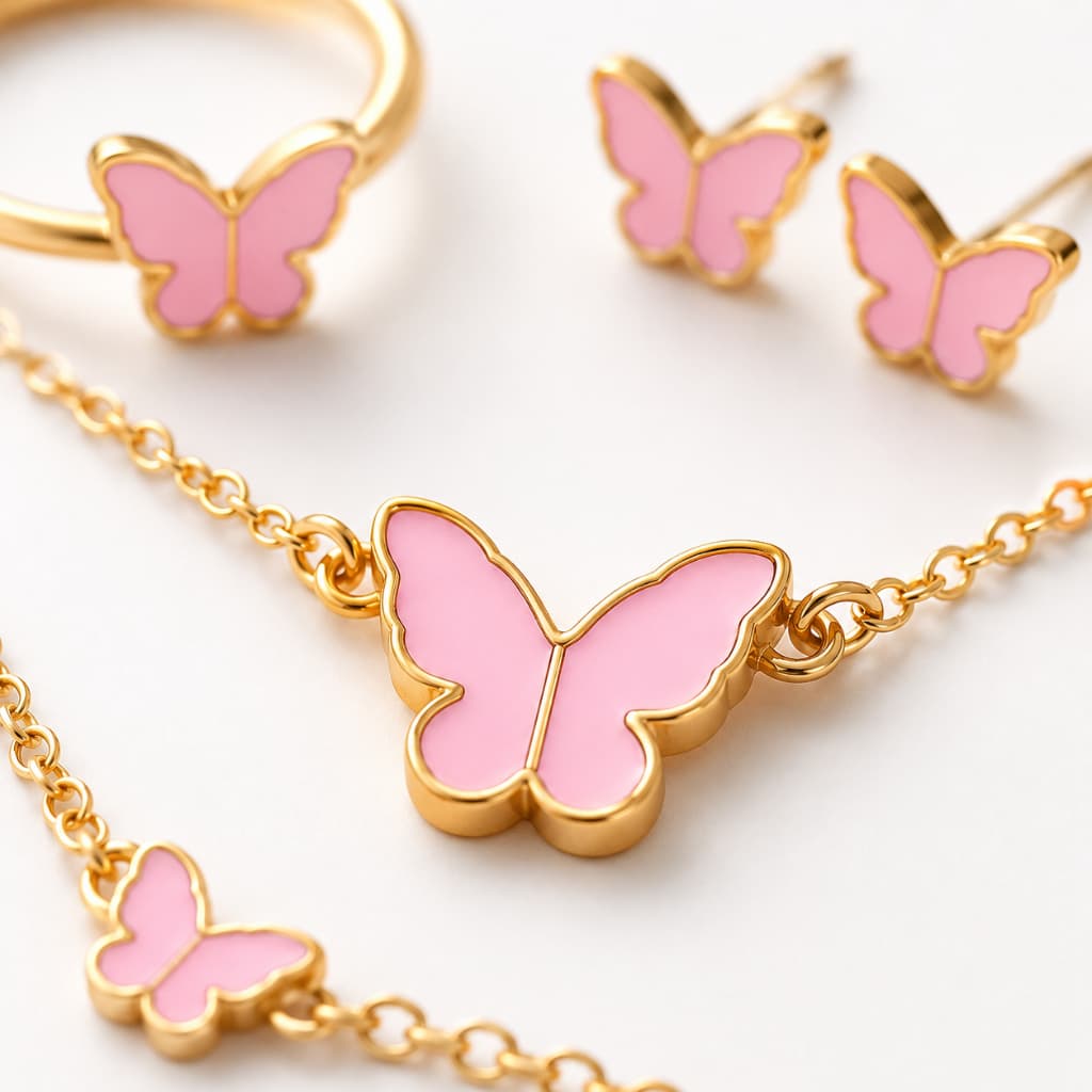 Colar Pulseira Borboleta Infantil Colar Pulseira Brinco Anel Rosa Dourado Delicado Presente Nobre Kit