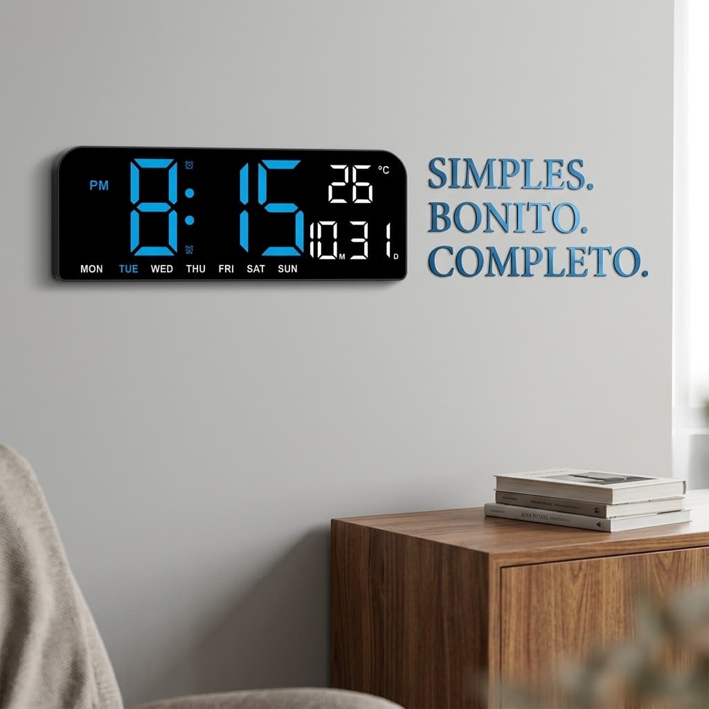 Relógio Digital LED Parede Mesa USB Despertador Data Temperatura Calendário 12/24h Brilho Ajustável