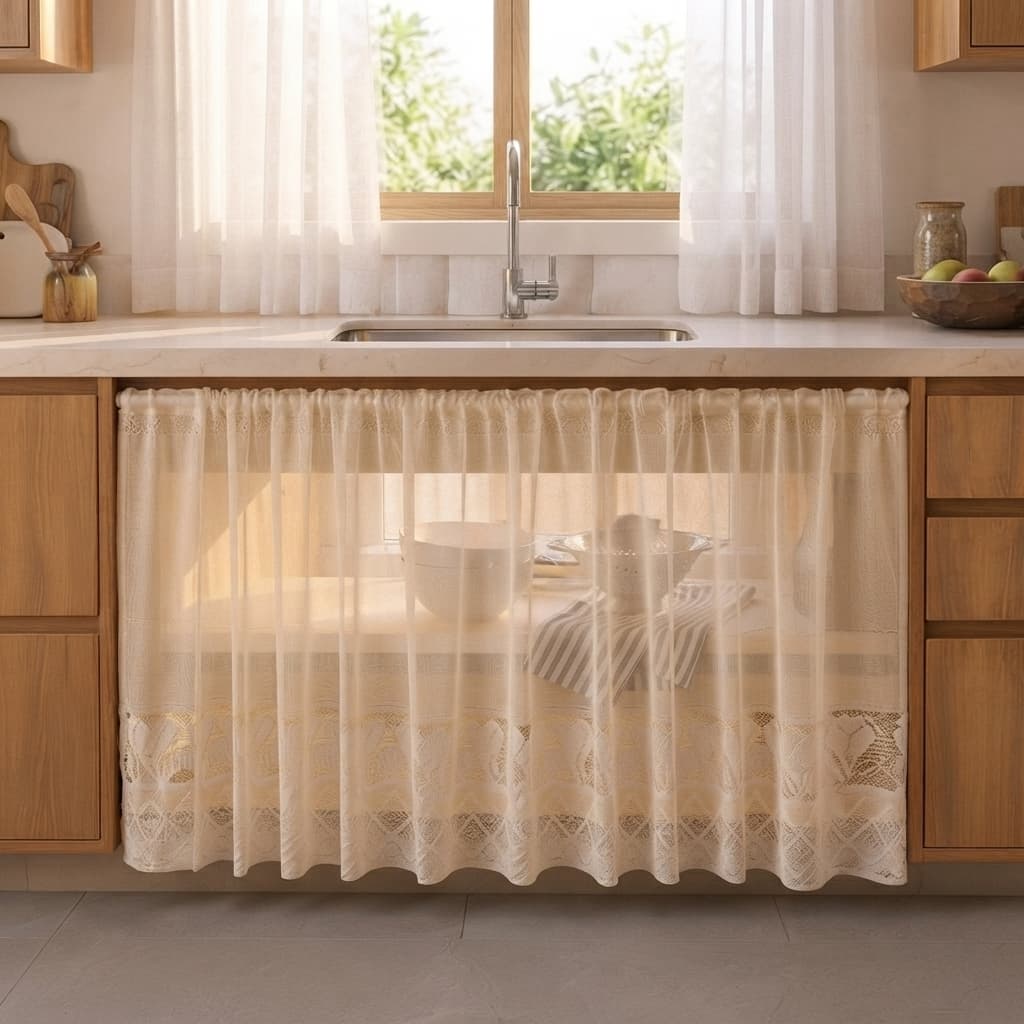 Cortina Para Pia de Cozinha Em Renda 1,50m x 80cm Cor Palha