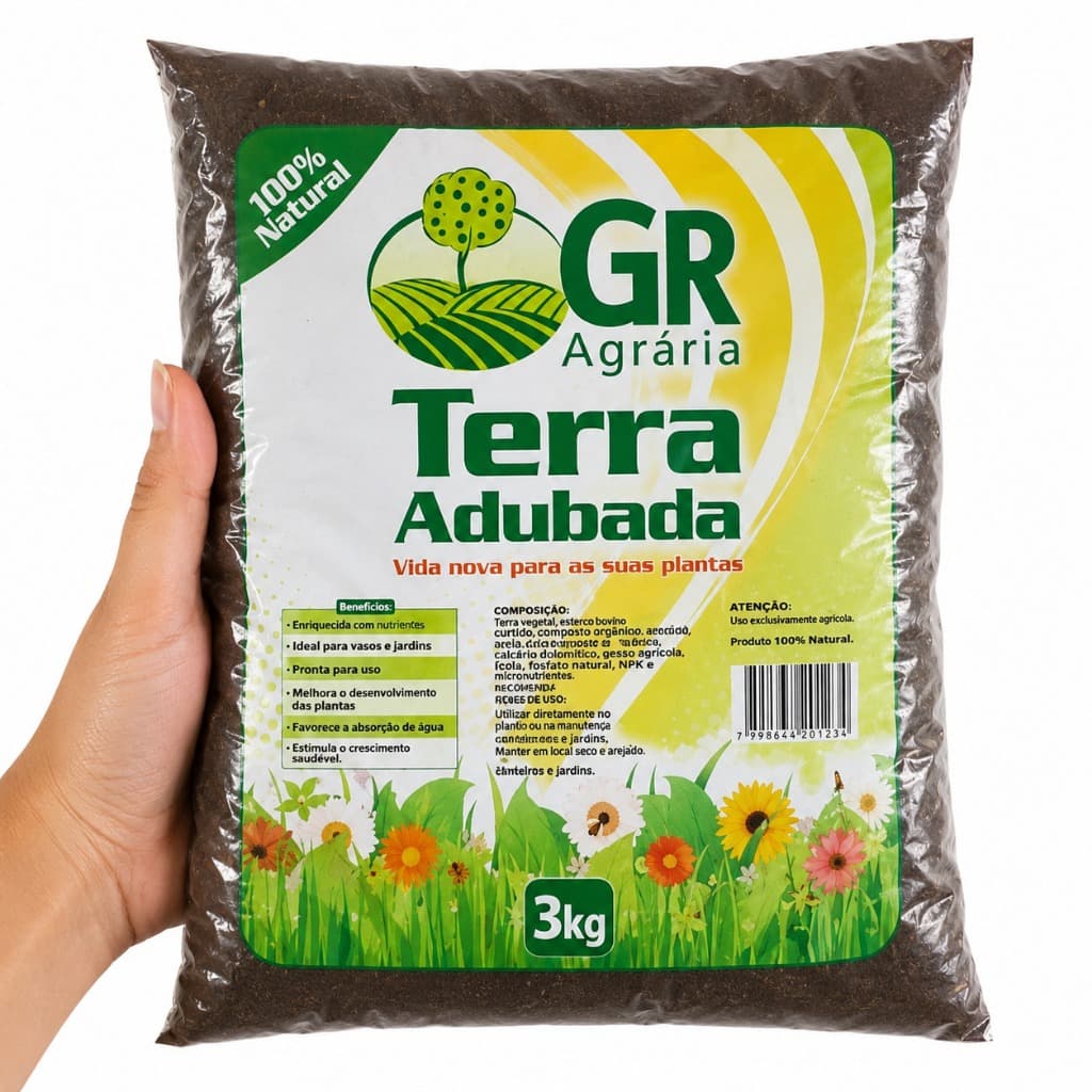 Terra Adubada GR Agrária 3kg 100% Natural com Nutrientes para Vasos, Jardins e Plantas