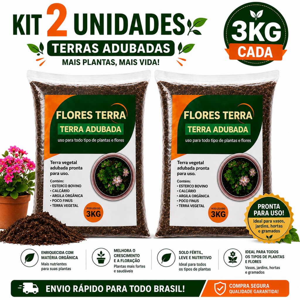 🌱 Kit 2 Terra Adubada 3kg Cada | Total 6kg para Plantas e Flores | Terra Vegetal para Vasos e Jardim 🛒