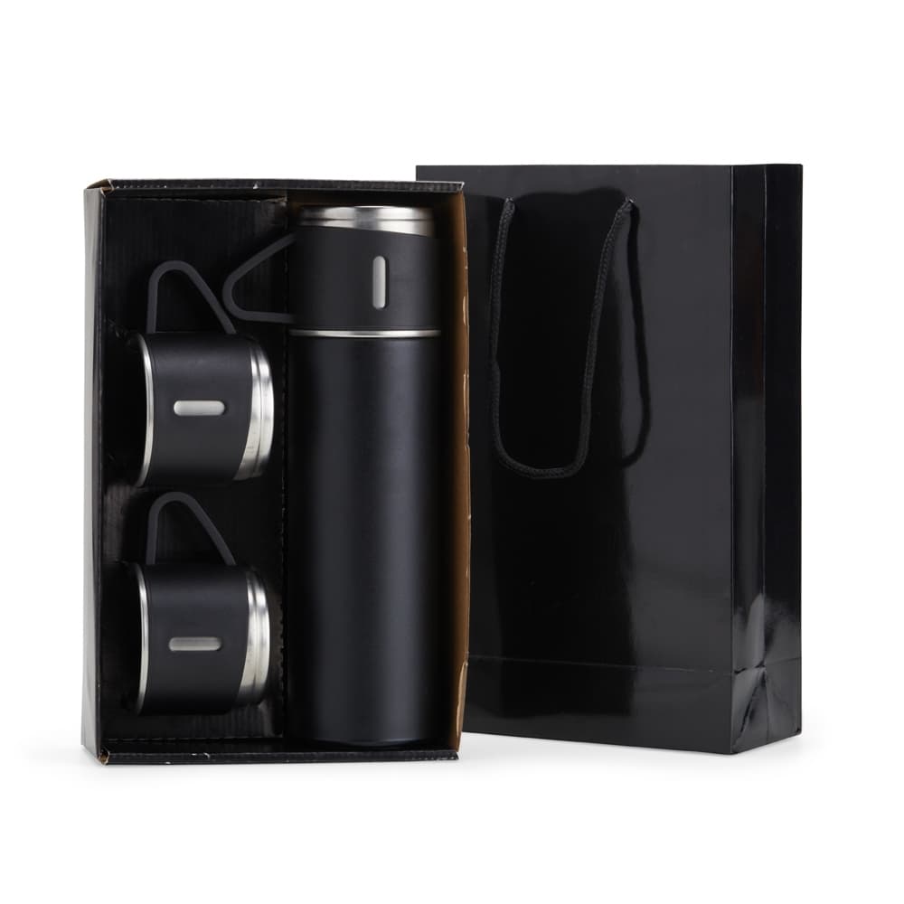 Kit Garrafa Térmica Inox Preta + 2 Xicaras Squeeze Conserva Bebida Gelada & Quente Café Bebidas Academia Camping