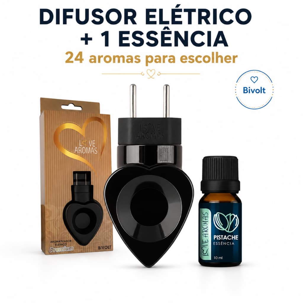 Difusor Elétrico Bivolt de Ambiente Cor Preto + 1 Essência Aromática 10ml Love Aromas