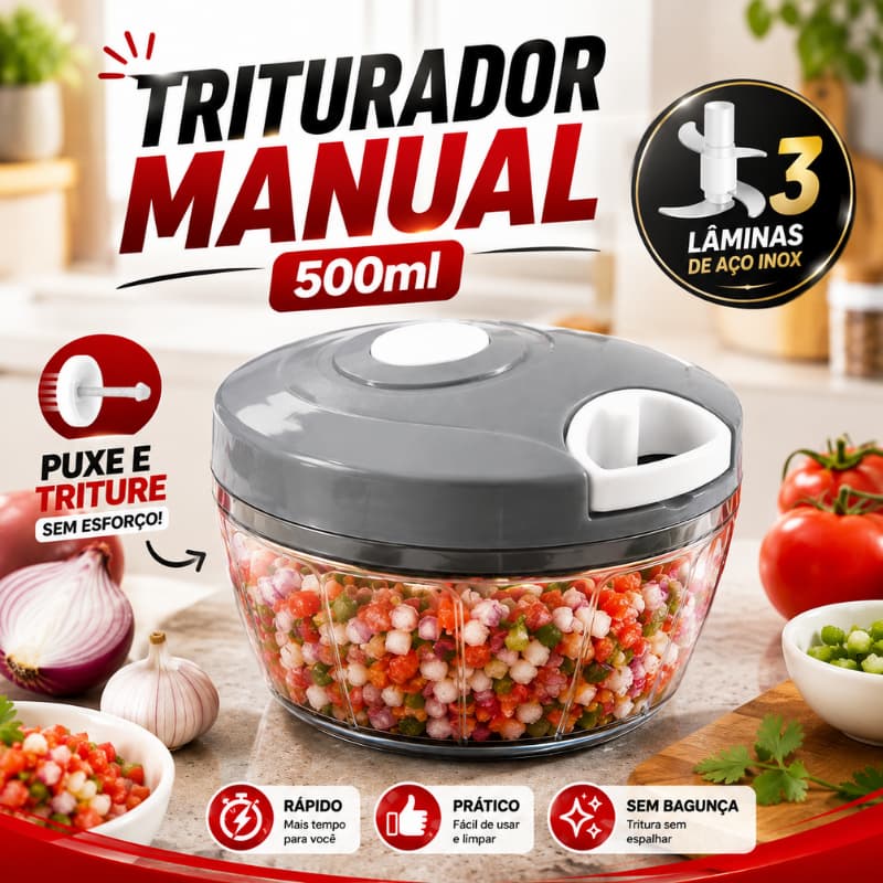 Triturador Manual de Alimentos 500ml 3 Lâminas Aço Inox Processador Cortador de Alho Cebola  |FEN7300| Pronta Entrega