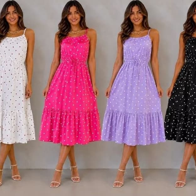 Vestido Midi Feminino Crepinho Estampado Alcinha  Co  Rodado Moda Verão Casual Vestido Leve Confortável Soltinho Vestido