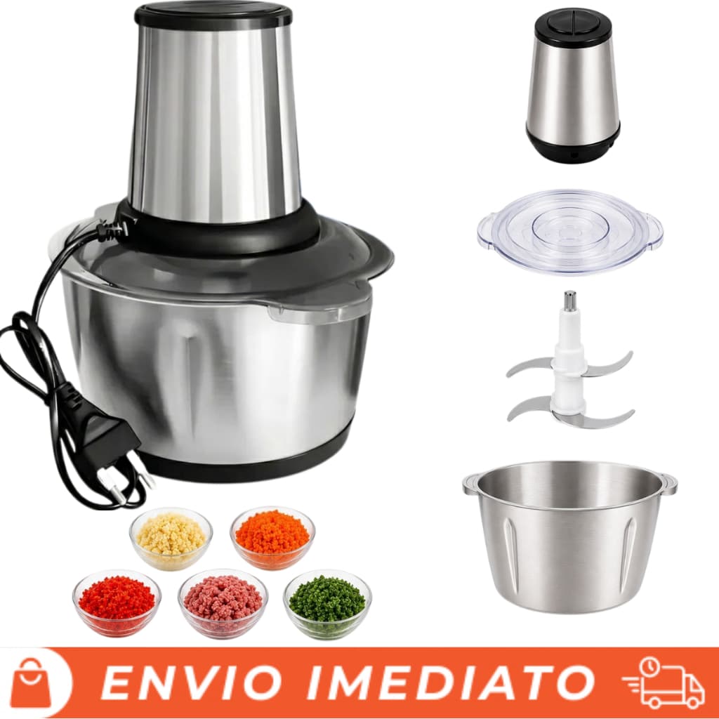 Processador Elétrico 2L Triturador de Alimentos Inox para Legumes, Verduras, Carnes, Temperos e Cebola