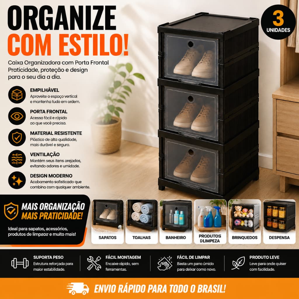 Organizador de Sapatos Sapateira Dobrável Triplo Empilhável Multiuso Preto 3 Compartimentos Vertical