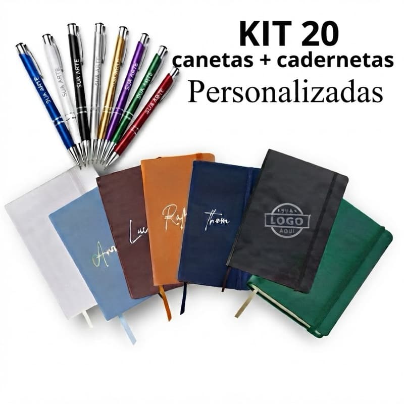 KIT 20 CANETAS + 20 CADERNETAS MOLESKINE PERSONALIZADAS BOAS VINDAS EMPRESA,LOGO, NOME