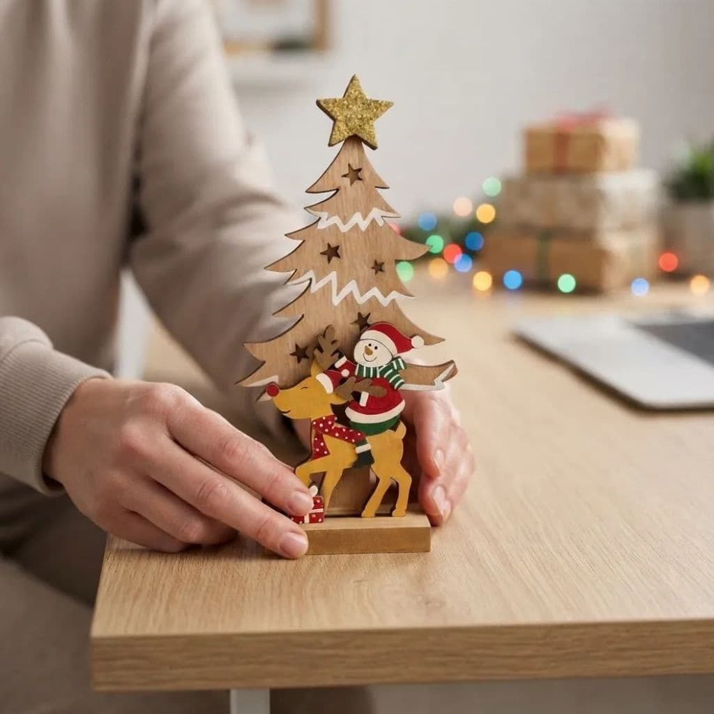 Árvore De Madeira 18cm Enfeite Natal Para Mesa Escritório