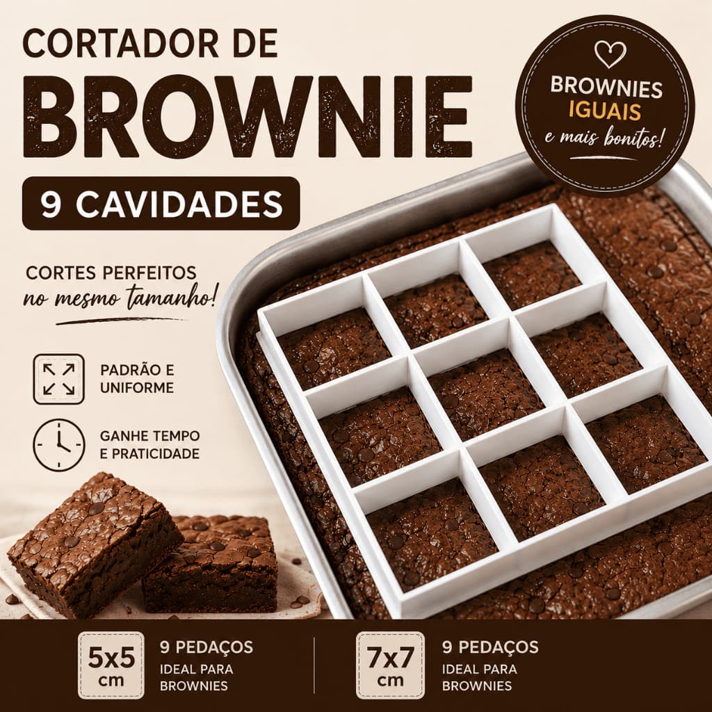 Cortador de Brownie 9 Cavidades 5x5 ou 7x7 cm Cortes Quadrados Padronizados