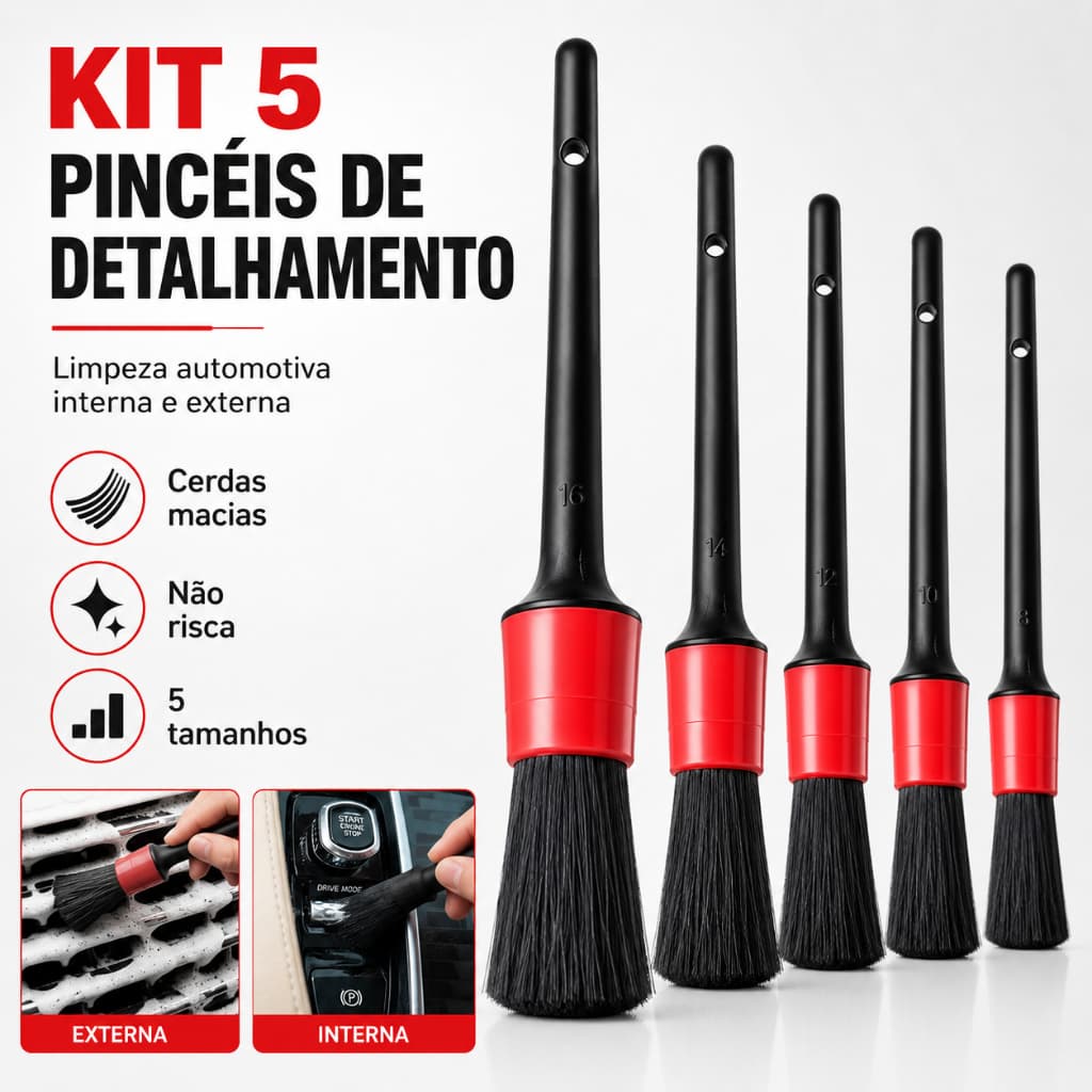 Jogo de Pincel Detalhamento e Limpeza Automotivo Automotiva Jogo com 5 Peças de Tamanhos Diferentes
