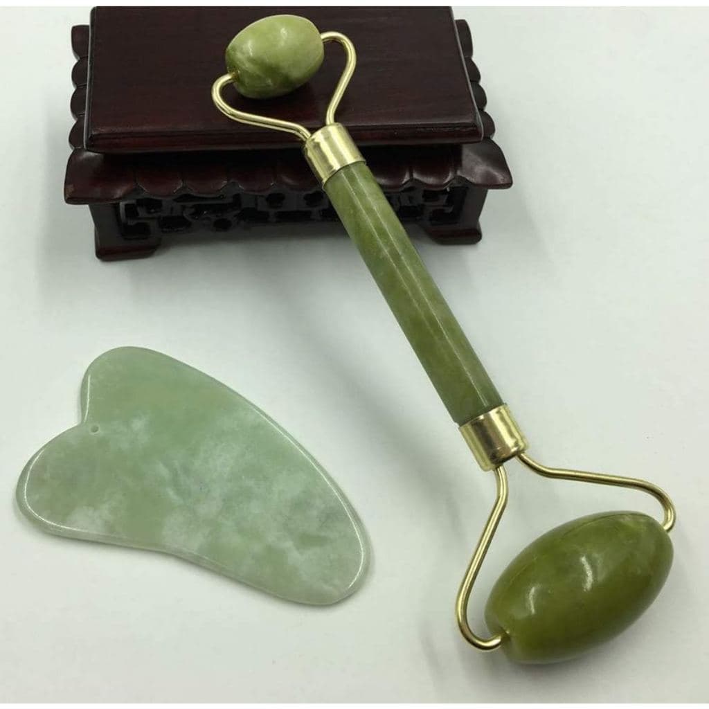 Kit 1Rolos Massageador Pedra De Jade Massagem Facial +Placa Facial Gua Sha